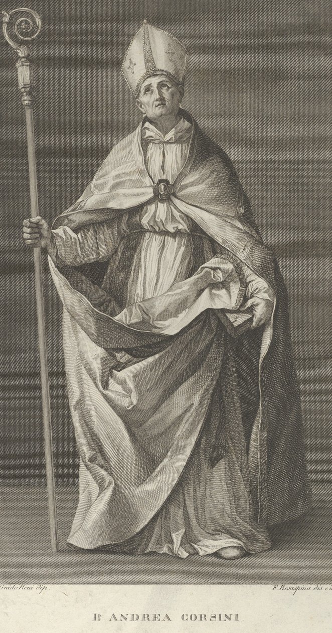 Den helige Andrea Corsini klädd som biskop av Fiesole, höll ett korsbord och tittade ..., ca. 1780-1841. av Francesco Rosaspina