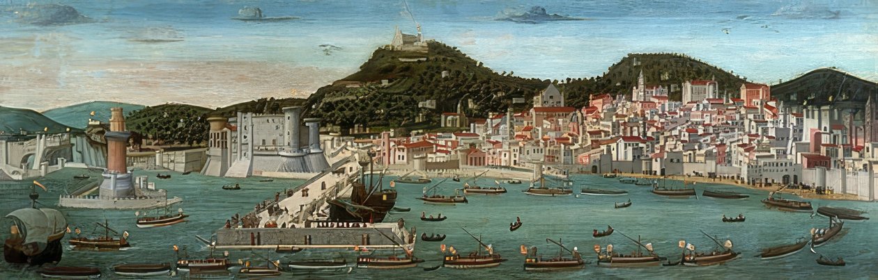 Tavola Strozzi. Utsikt över Neapel, den aragoniska flottan gick in i hamnen den 12 juli 1465 av Francesco Rosselli