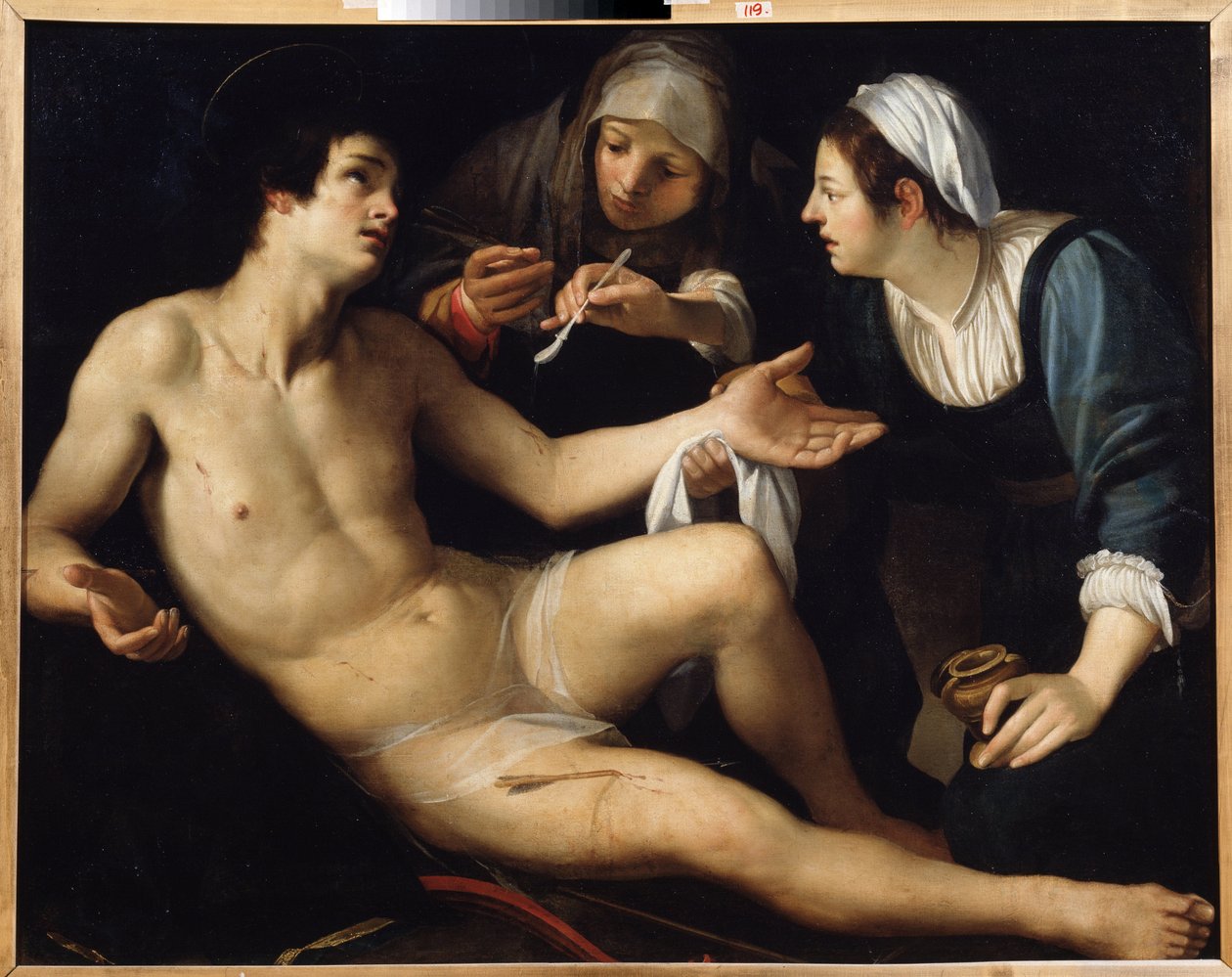 Saint Sebastian (Saint Sebastian). Han vårdas från sina sår av en ung änka, Saint Irene. Målning av Francesco Rustici (cirka 1575-1626). Olja på duk, 119 x 148 cm. Konst från Siena, italiensk manérism. Statens konstmuseum, Jekaterinburg. av Francesco Rustici