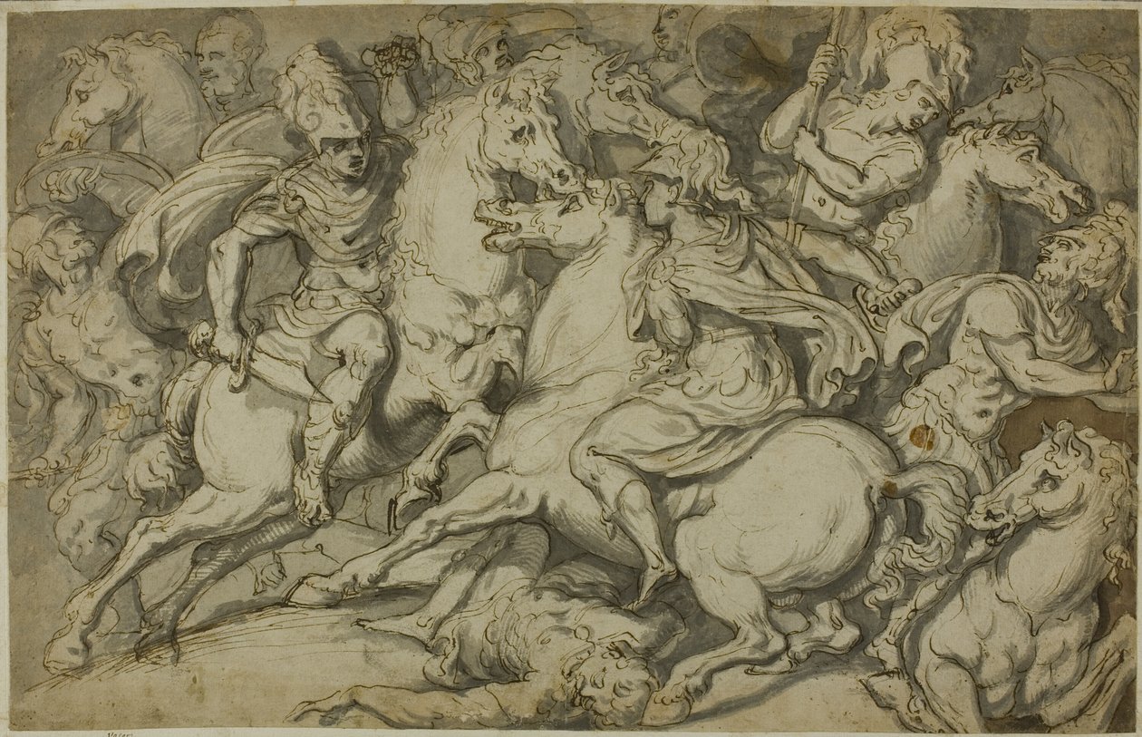 Skärmytsling med kavalleri (recto); knästående ekorché (verso) av Francesco Salviati