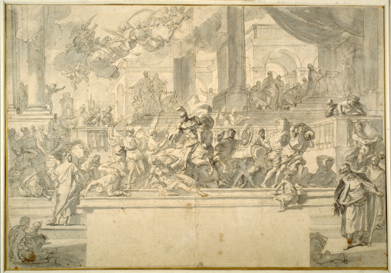 Heliodorus driven från templet (penna och bläck med tvätt över krita på papper) av Francesco Solimena