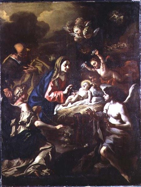 Födelse med beundrande änglar och bebådelse till herdarna av Francesco Solimena