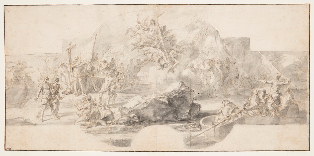 Studie för målning "The Landing of Columbus in America," Sala del Minor Consiglio, Palazzo Ducale, Genua, Italien av Francesco Solimena