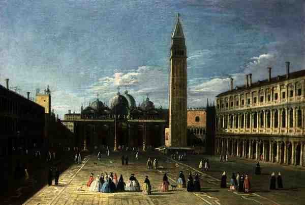 Utsikt över Piazza San Marco, Venedig (olja på panel) av Francesco Tironi