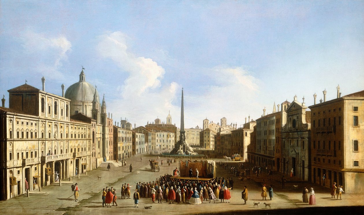 Piazza Navona, Rom, med en Commedia dell "Arte Performance, av Francesco Tironi