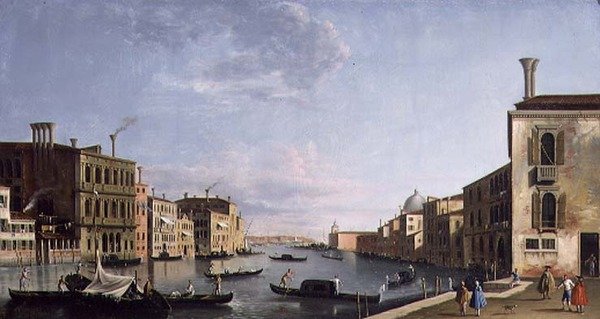 Venedig: Canal Grande ser från Campo San Vio mot Bacino (olja på duk) av Francesco Tironi