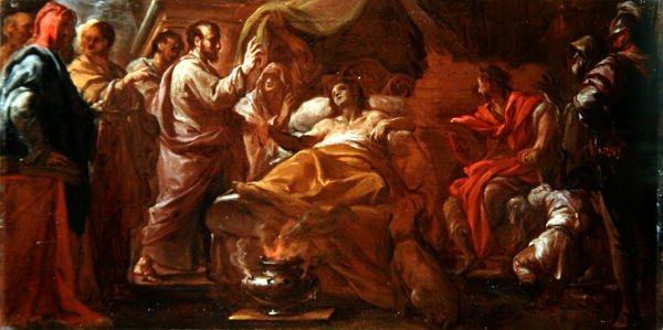 Studie för St. Matthew Resuscitating the Son of the King of Etiopia (olja på duk) av Francesco Trevisani