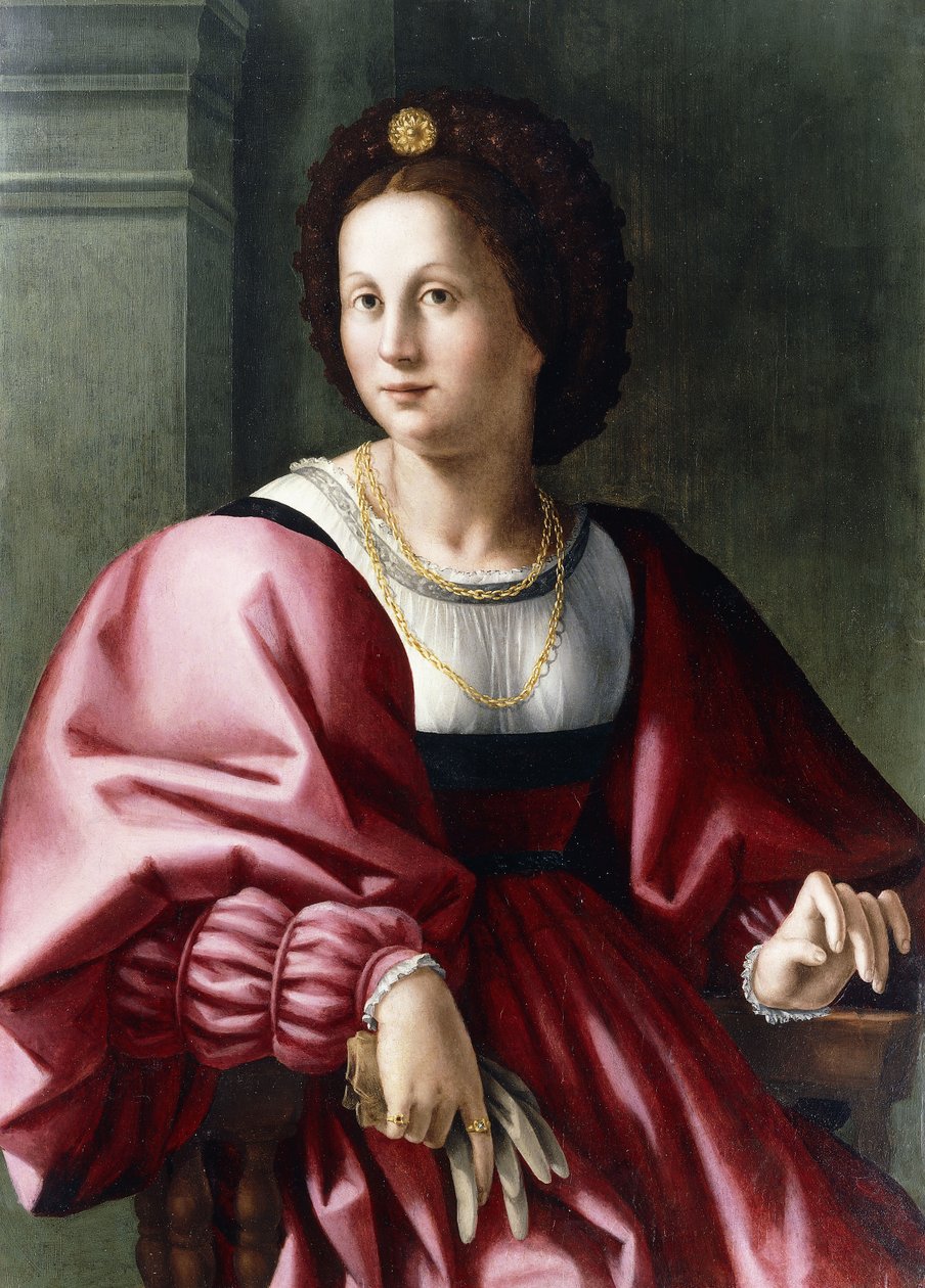 Porträtt av en dam, sittande tre fjärdedels längd, håller en handske, av Francesco Ubertini Bacchiacca