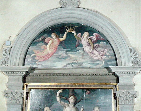 SS. Benedict, Dominic och Sebastian (detalj av lunetten) (olja på panel) (se även 192539 och 192540) av Francesco Ubertini Il Bacchiacca