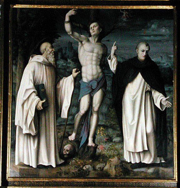 SS. Benedict, Dominic och Sebastian (olja på panel) (se även 192538 och 192540) av Francesco Ubertini Il Bacchiacca