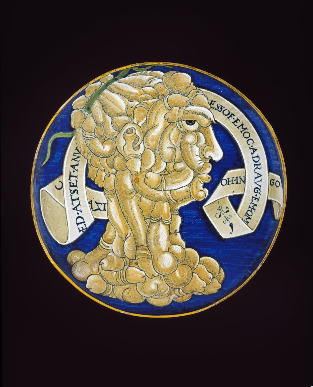Fat med ett sammansatt huvud av penisar, ca 1536 (tennglaserat lergods, majolika) av Francesco Urbini
