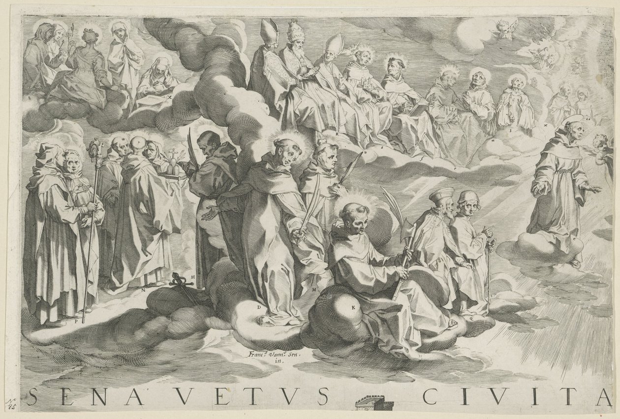 Karta över Siena (överst till vänster) Senavetus civitas virginis (titel på objekt) av Francesco Vanni