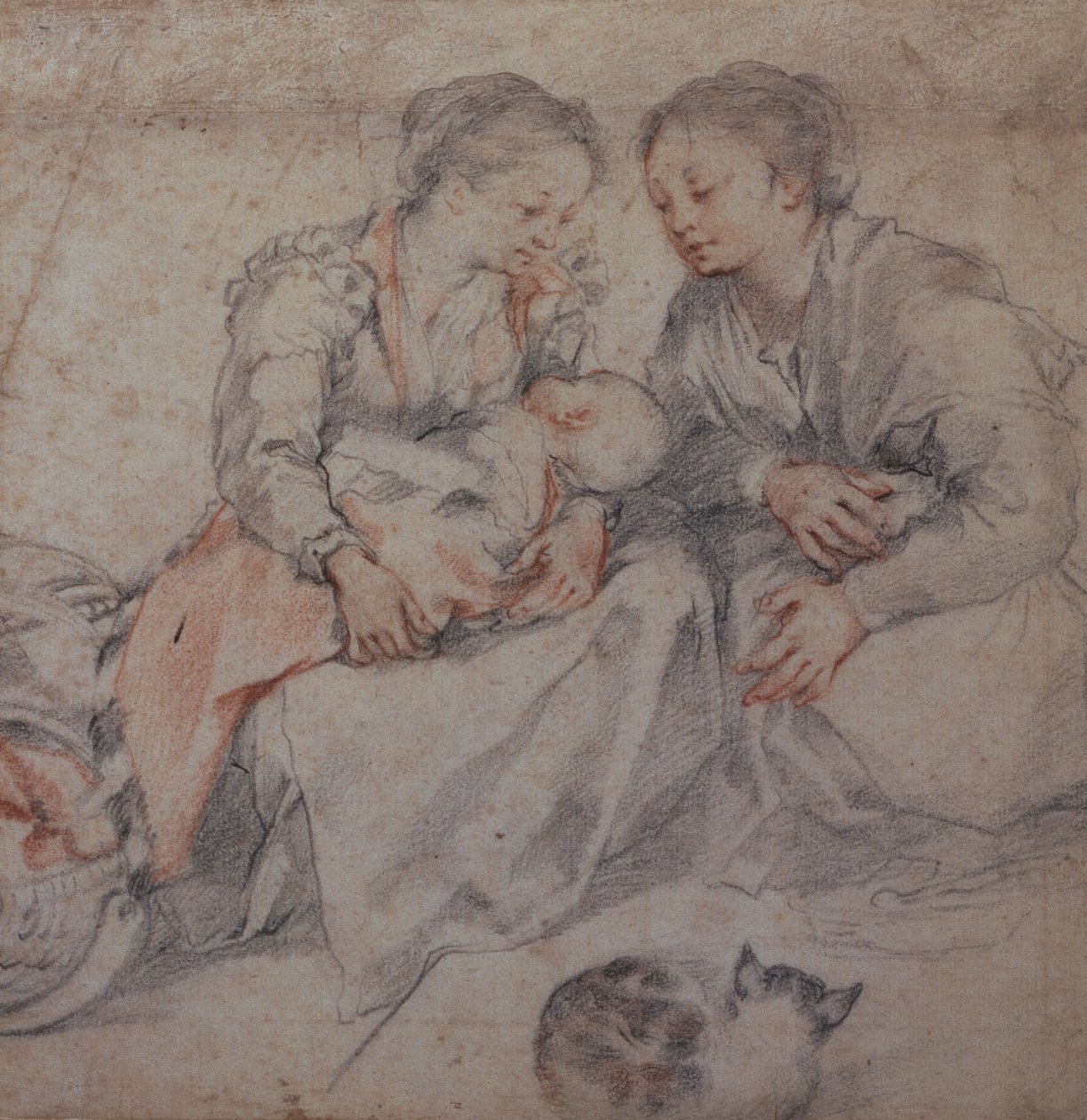Två kvinnor och en baby med en katt (krita) av Francesco Vanni