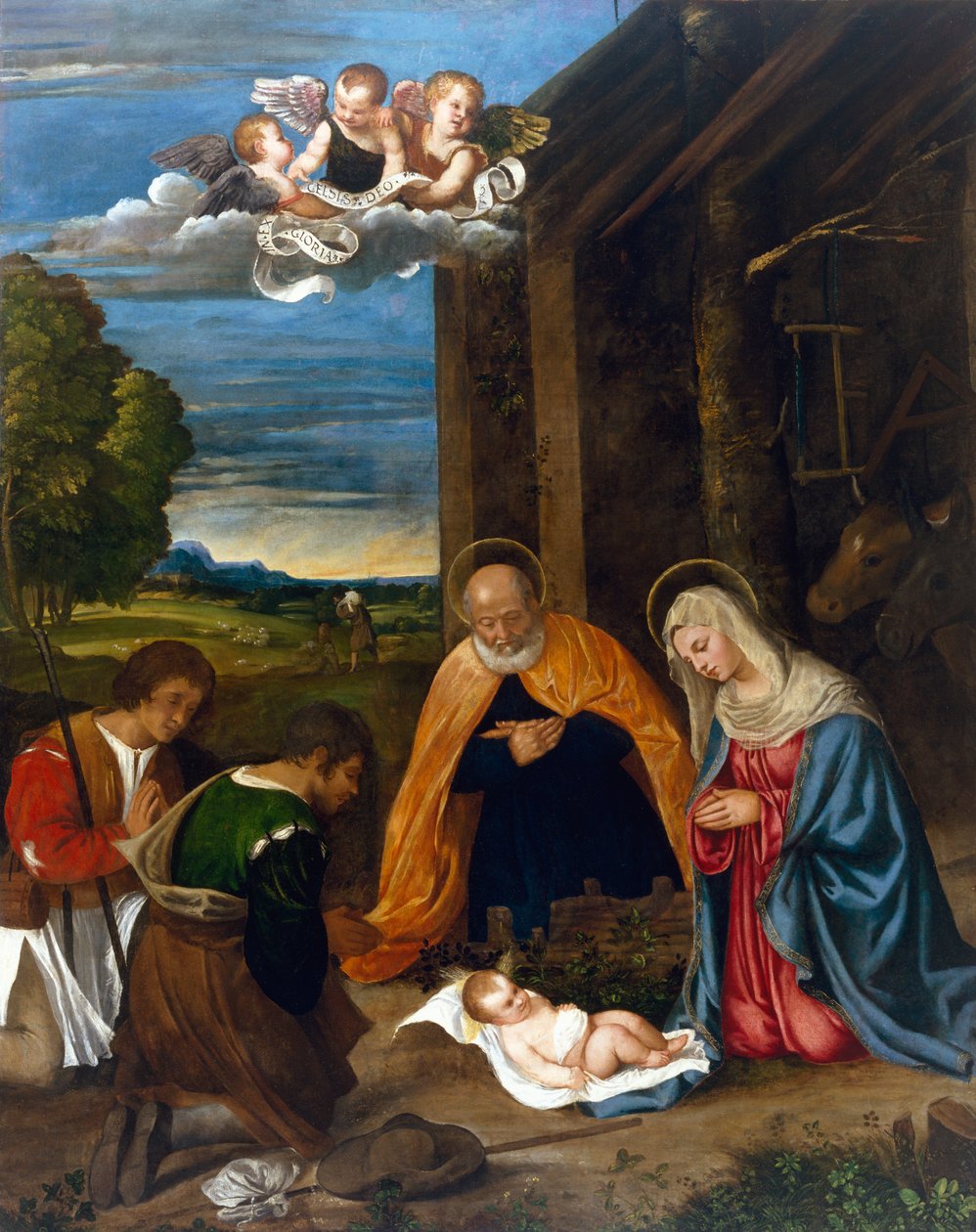 Födelsekyrkan med herdar, c.1519-26 av Francesco Vecellio