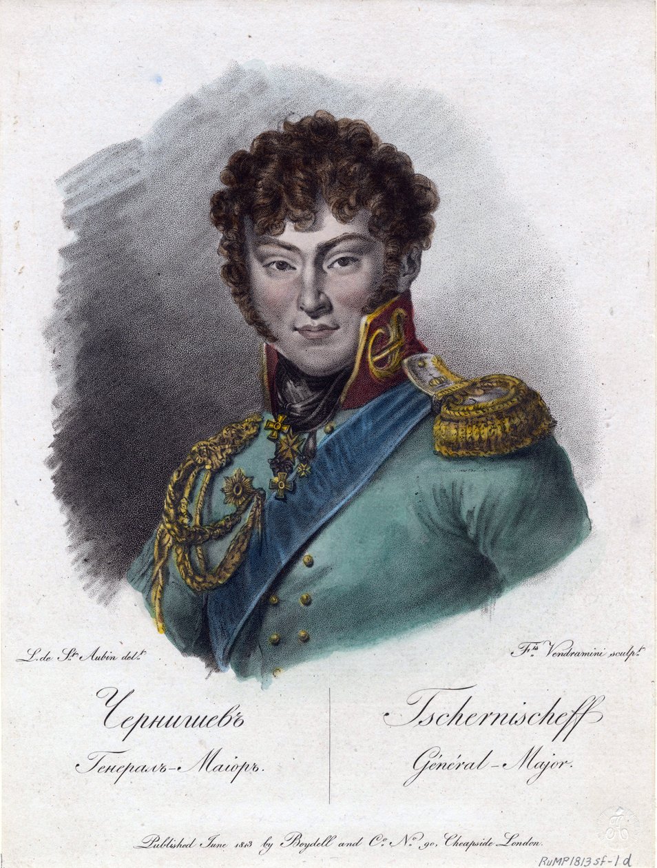 Porträtt av greve Alexander Ivanovich Chernyshov (Prins Alexandre Ivanovitch Tchernychev ou Tchernychiov ou Czernichev) (1786-1857) - Vendramini, Francesco (1780-1856) - 1813 - Etsning, akvarell - 22,2x18, av Francesco Vendramini