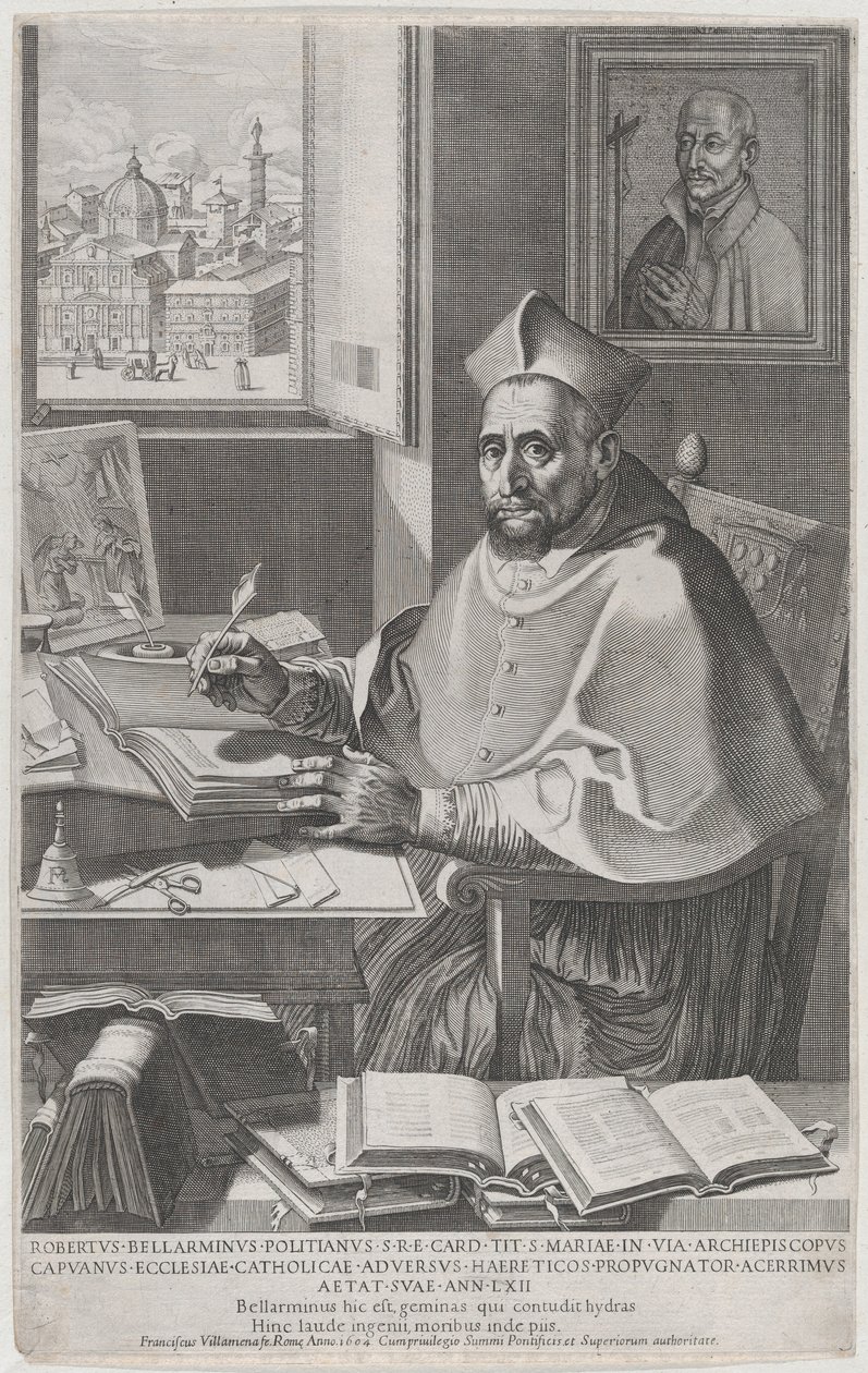 Kardinal Roberto Bellarmino vid sitt skrivbord, skriver, 1604. av Francesco Villamena