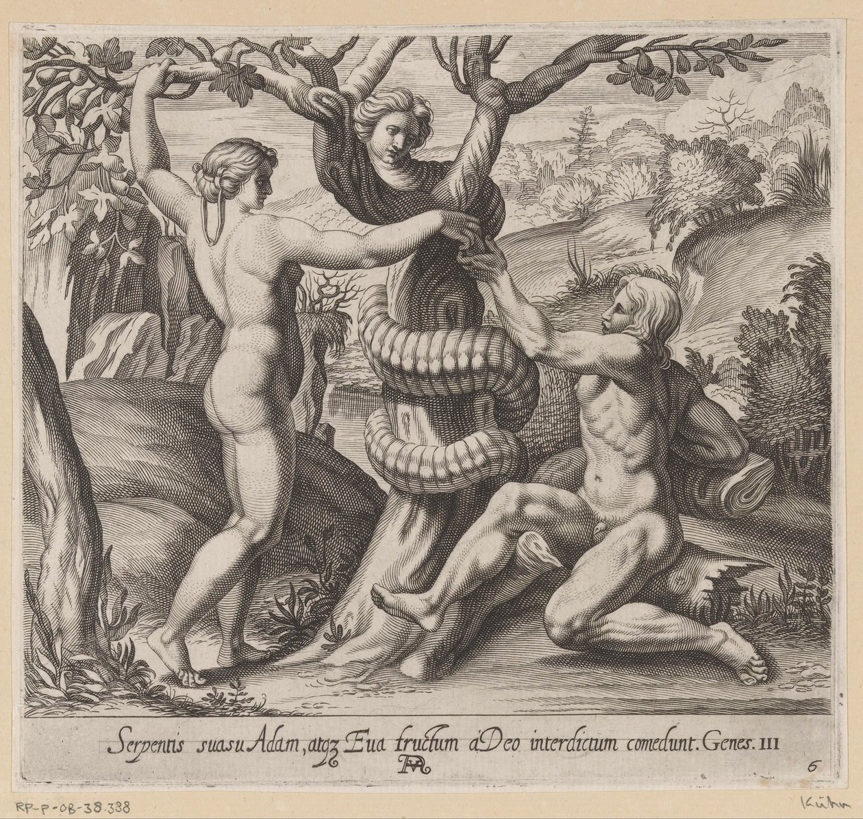 Eva erbjuder Adam den förbjudna frukten Målningar i Raphaels Loggia (serietitel) La Sacra Genesi (serietitel) av Francesco Villamena