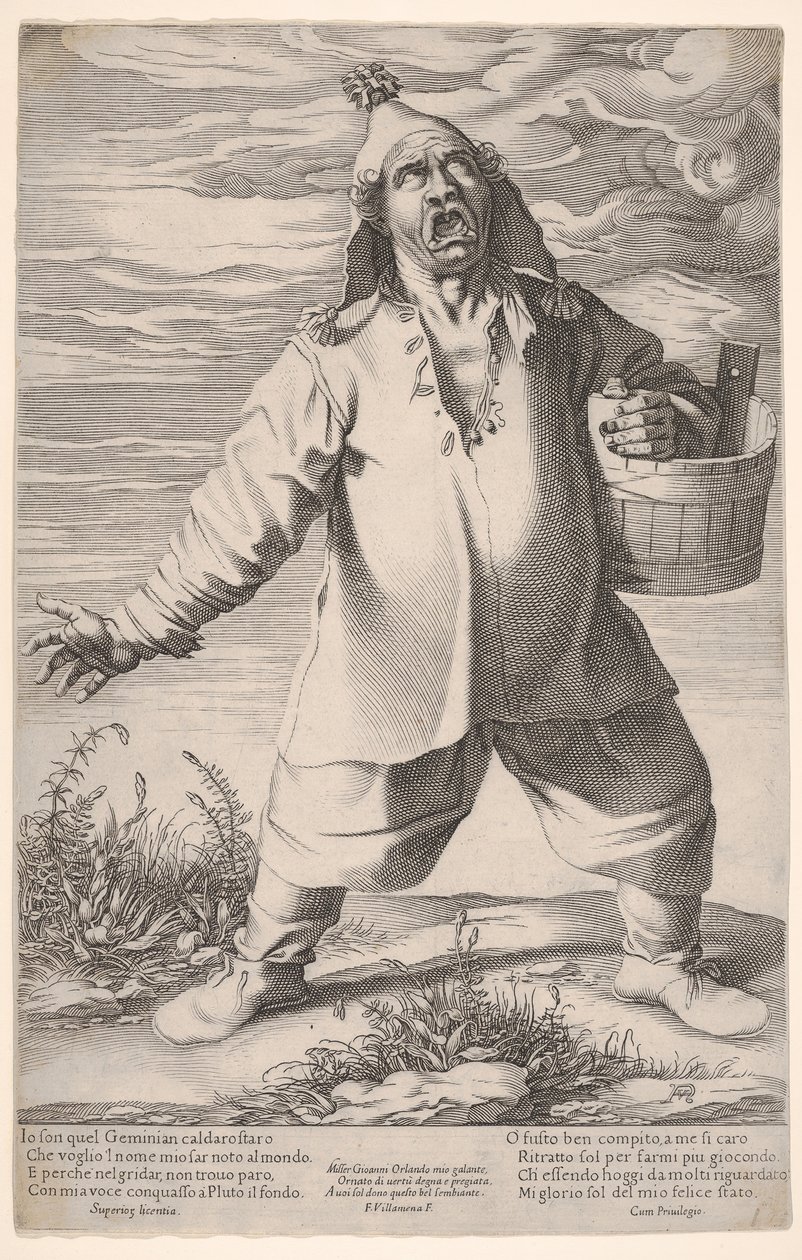 Geminiano Caldarostaro gråter och håller ett badkar, med en hatt med tofs, ca. 1597-1601. av Francesco Villamena