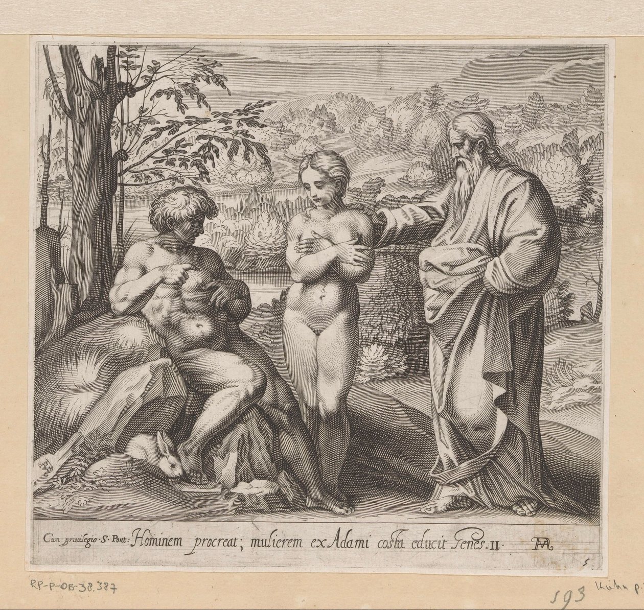 Gud skapar man och kvinna Målningar i Raphaels Loggia (serietitel) La Sacra Genesi (serietitel) av Francesco Villamena