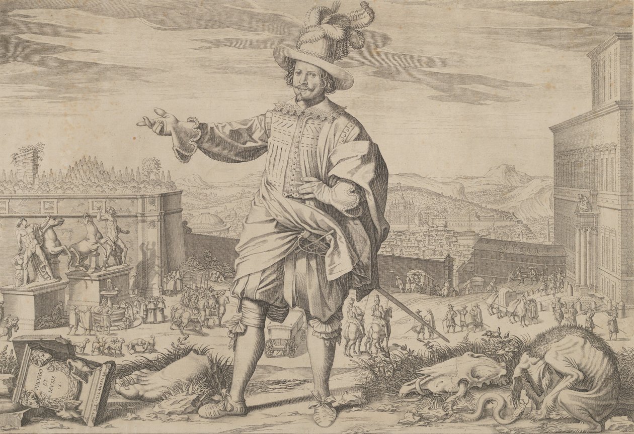 Porträtt av Ioannes Altus Johann Alten, från det schweiziska gardet, stående vid Quirinalen och..., 1623. av Francesco Villamena
