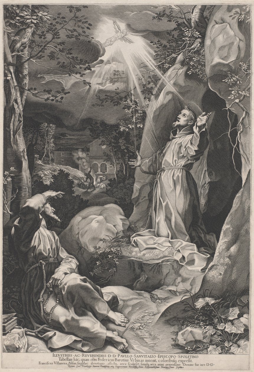 Saint Francis tar emot Stigmata av Francesco Villamena, after Federico Barocci