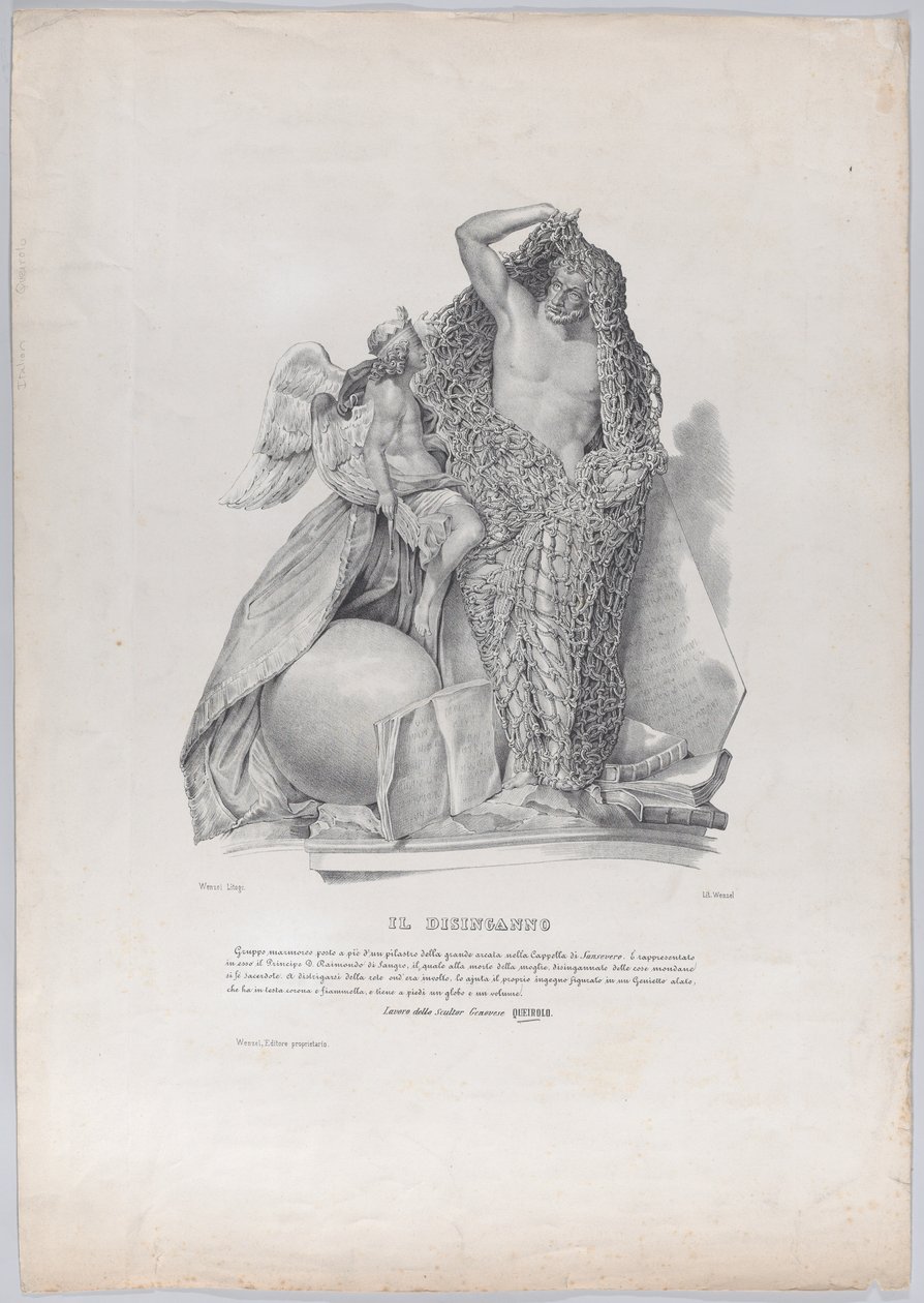 Prins Raimondo di Sangro lösgör sig från nätet av världsliga bekymmer med ..., ca. 1840-50. av Francesco Wenzel