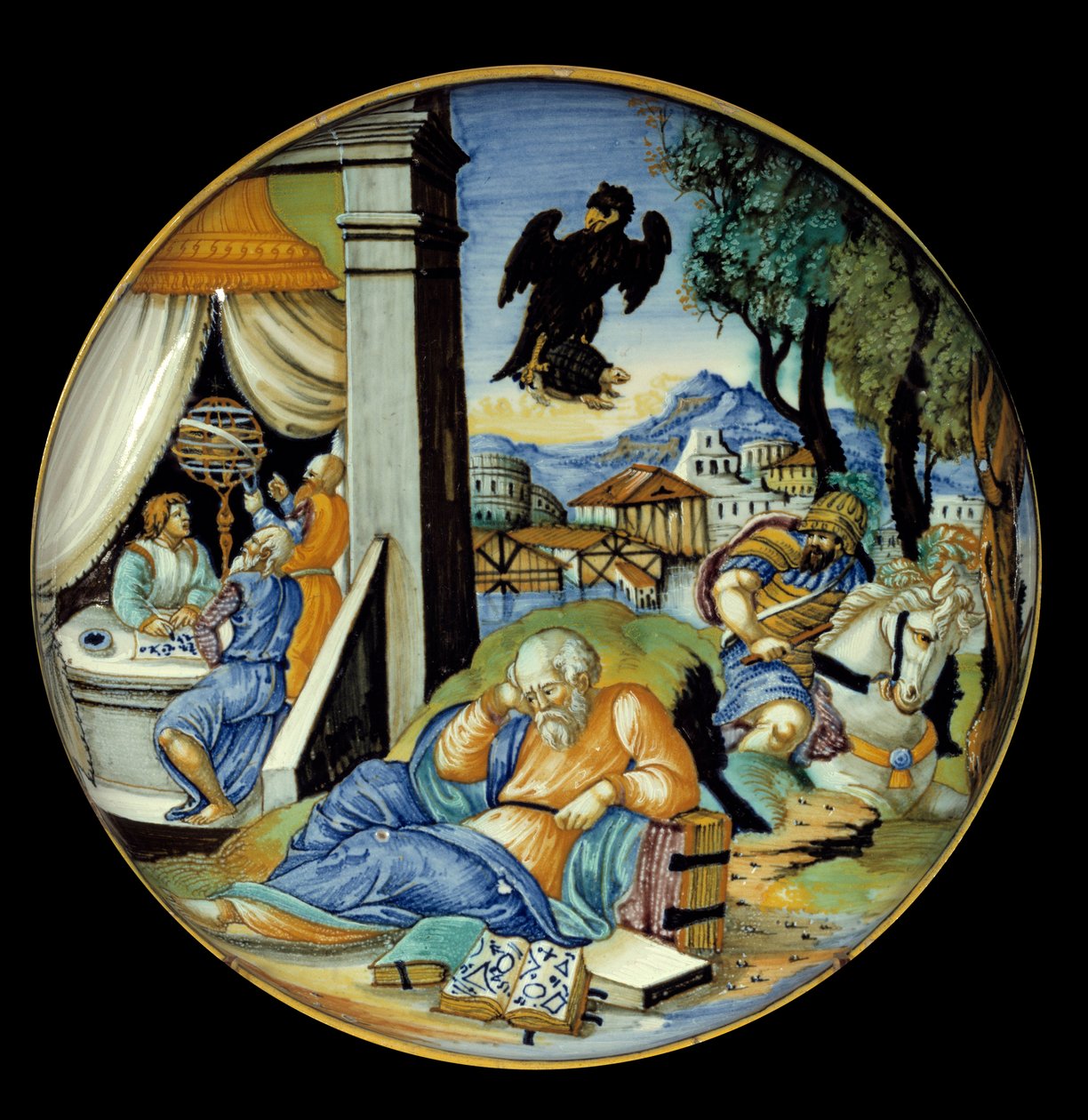 Lågbenssnitt: Allegori om ödet. Fajans. Tillverkad av Francesco Avelli Xanto (aktiv omkring 1530/1540) av Francesco Xanto Avelli