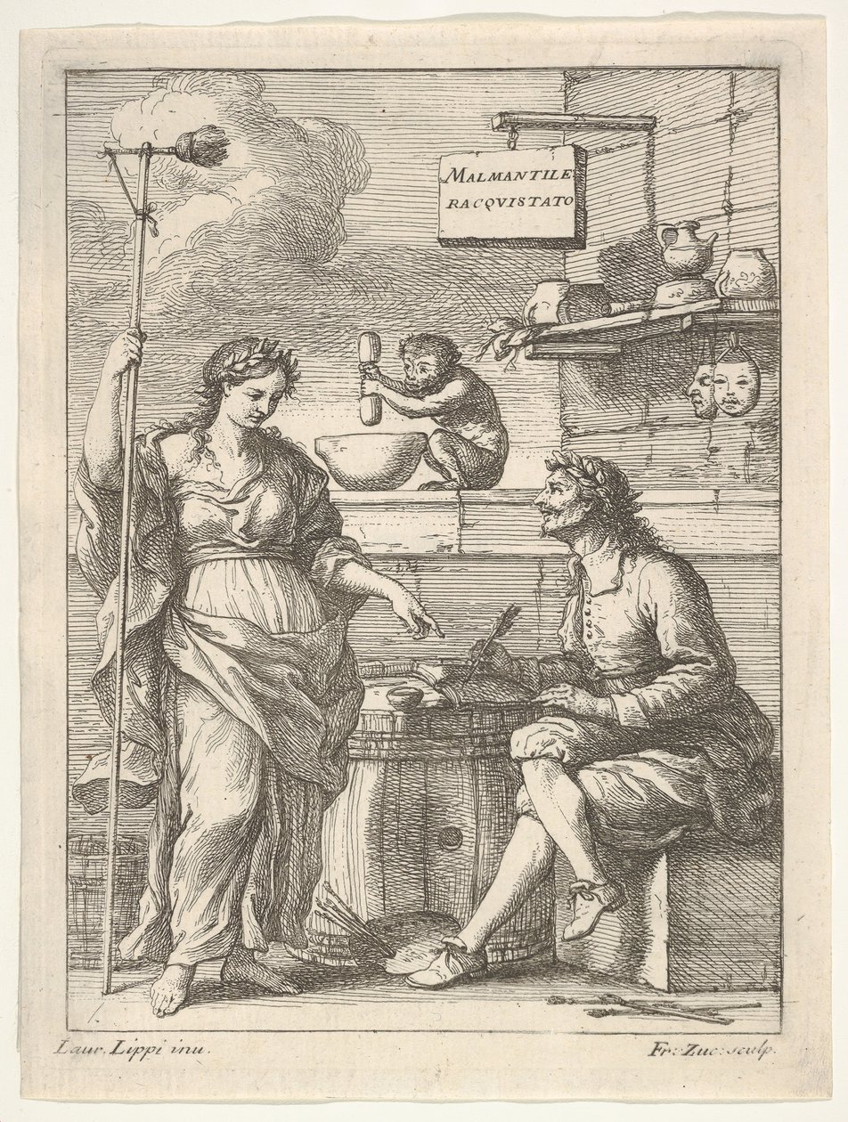 En apa som arbetar med mortel och mortelstöt, nedanför Lorenzo Lippi skriver sin humoristiska ..., ca. 1710-64. av Francesco Zuccarelli