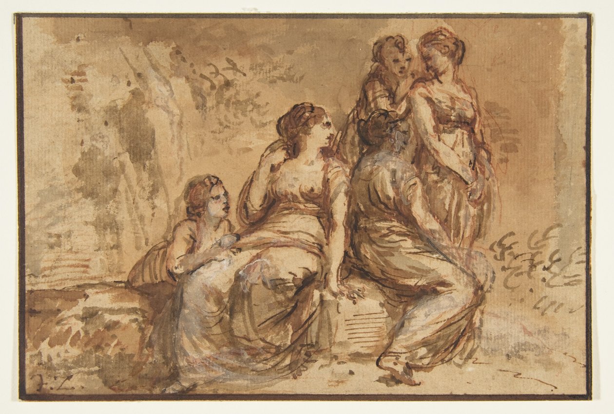 Fünf junge Frauen in einer Landschaft av Francesco Zuccarelli