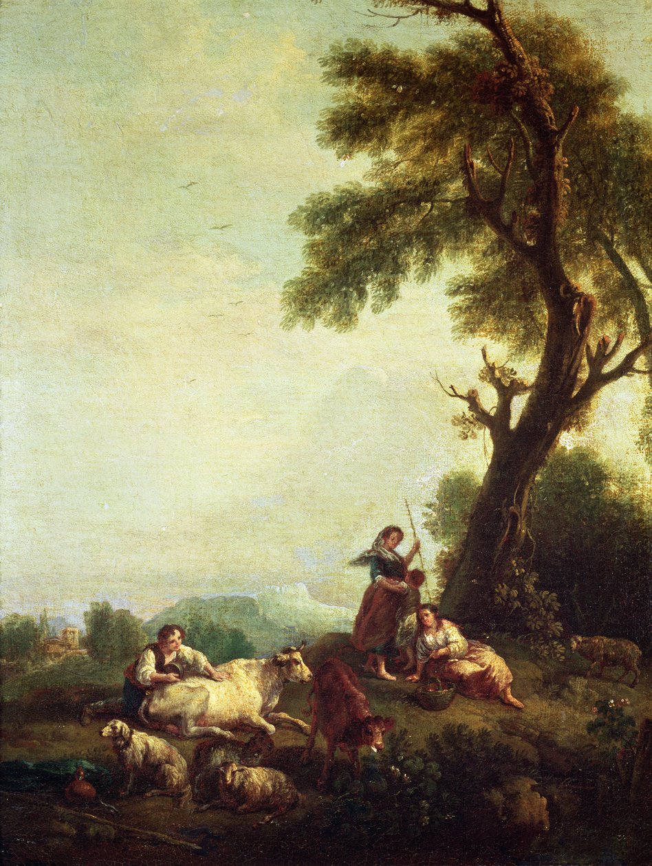 Landskap med bönder som tittar på en flock boskap av Francesco Zuccarelli
