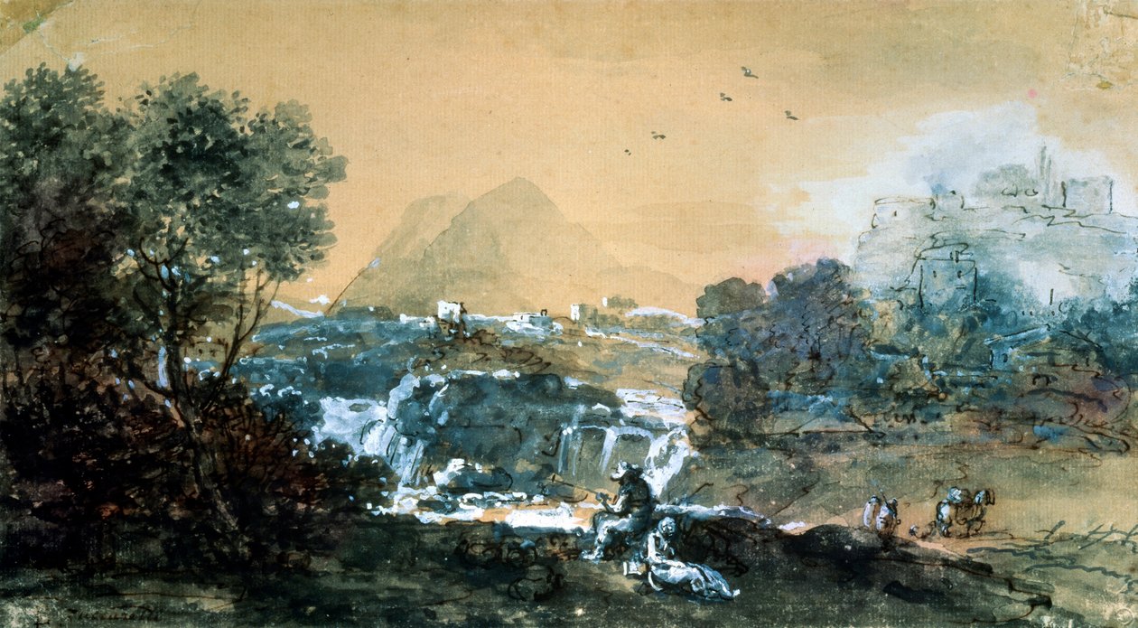 Landskap med ett vattenfall, italiensk målning från 1700-talet. av Francesco Zuccarelli