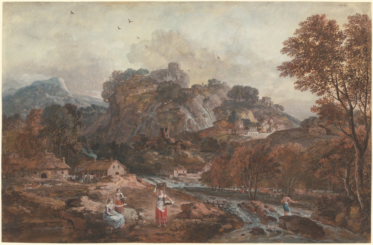 Bergslandskap med tvättkvinnor och en fiskare av Francesco Zuccarelli