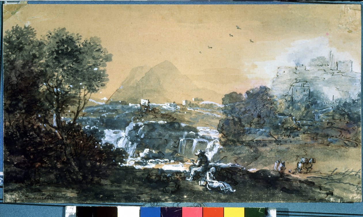 Landskap med ett vattenfall. Teckning av Francesco Zuccarelli (1702-1788). Akvarell och tusch på papper av Francesco Zuccarelli