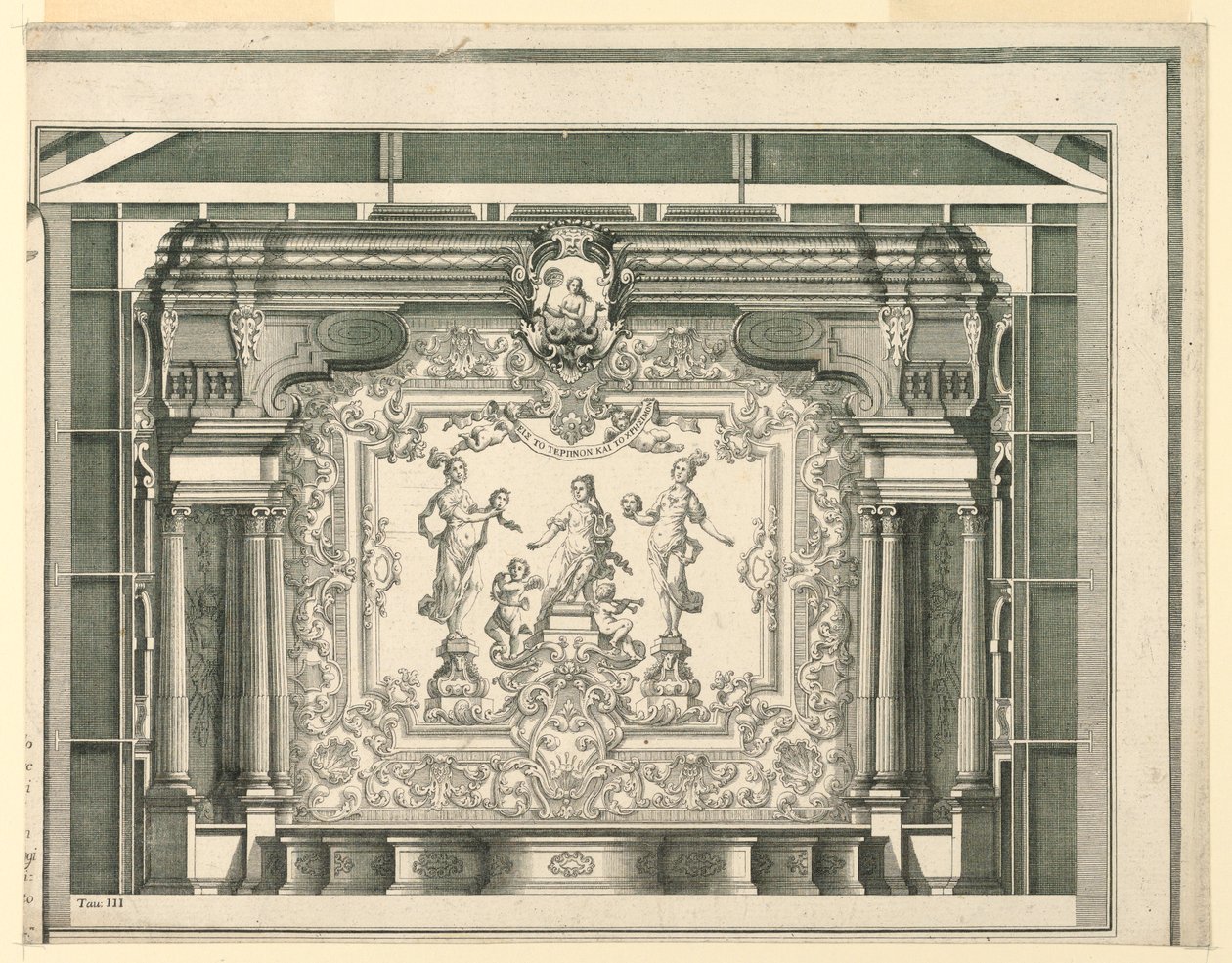 Tvärsektion, proscenium och ridå, Teatro Filarmonico, Verona av Francesco Zucchi
