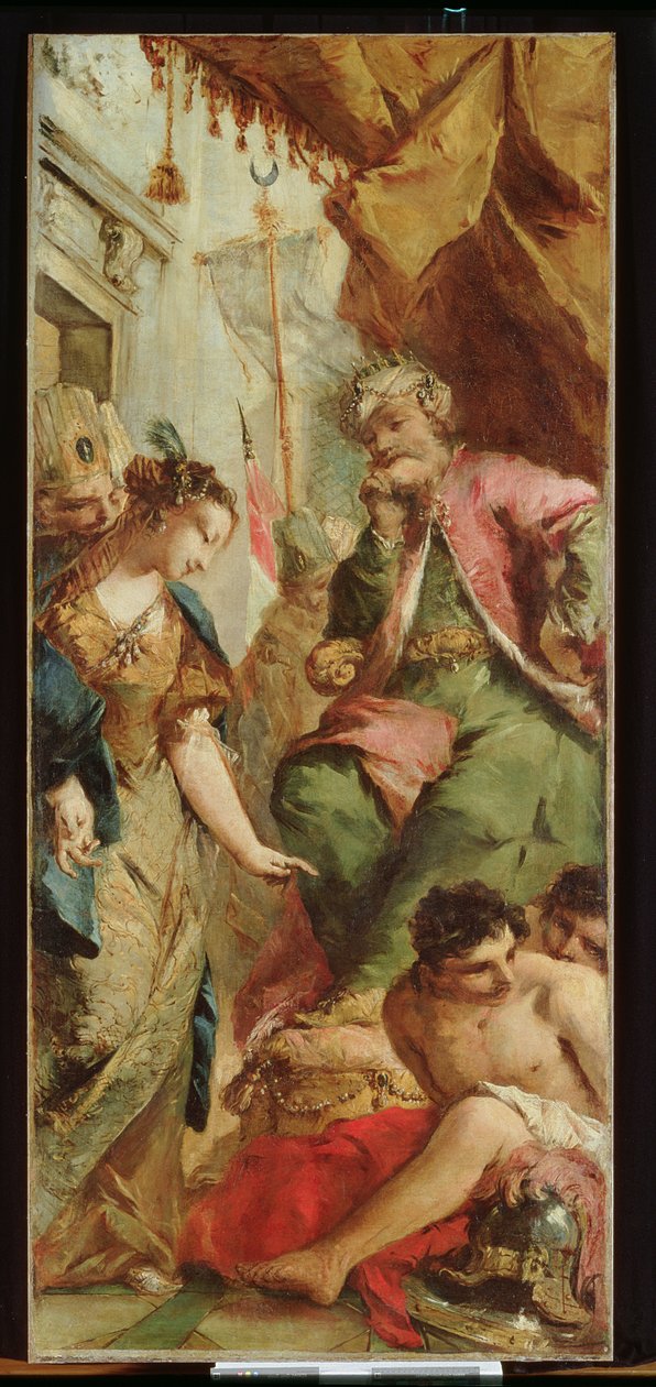 Sophronia ber saracenernas kung Aladine att släppa de kristna fångarna, ca 1760 (olja på duk) av Francesco and/or Gian Antonio (1699 1761) Guardi