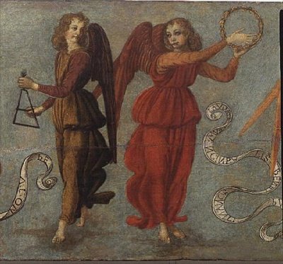 Änglar som spelar tamburin och triangel, ca 1475-97 (tempera på panel) (detalj av 64871, se även 64872 och 64874) av Francesco attr. to Botticini