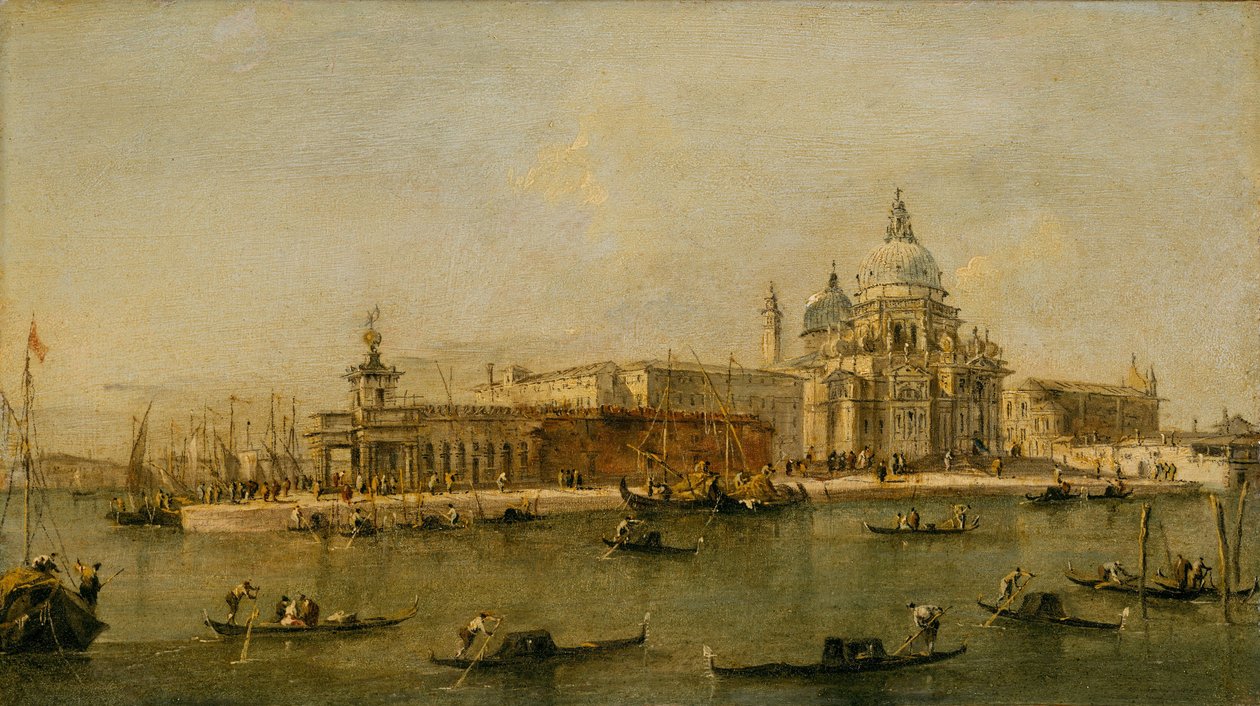 Venedig: Dogana och Santa Maria della Salute av Francesco circle of Guardi