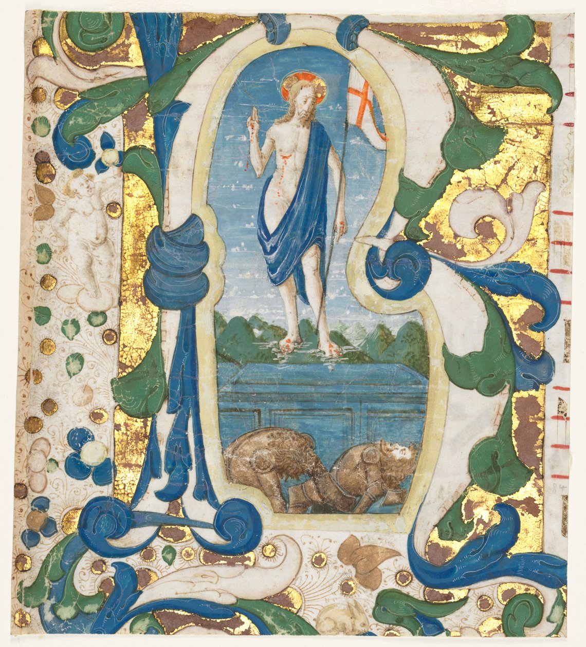 Historikerad initial (R) Utskuren från en Antiphonary: The Resurrection av Francesco d