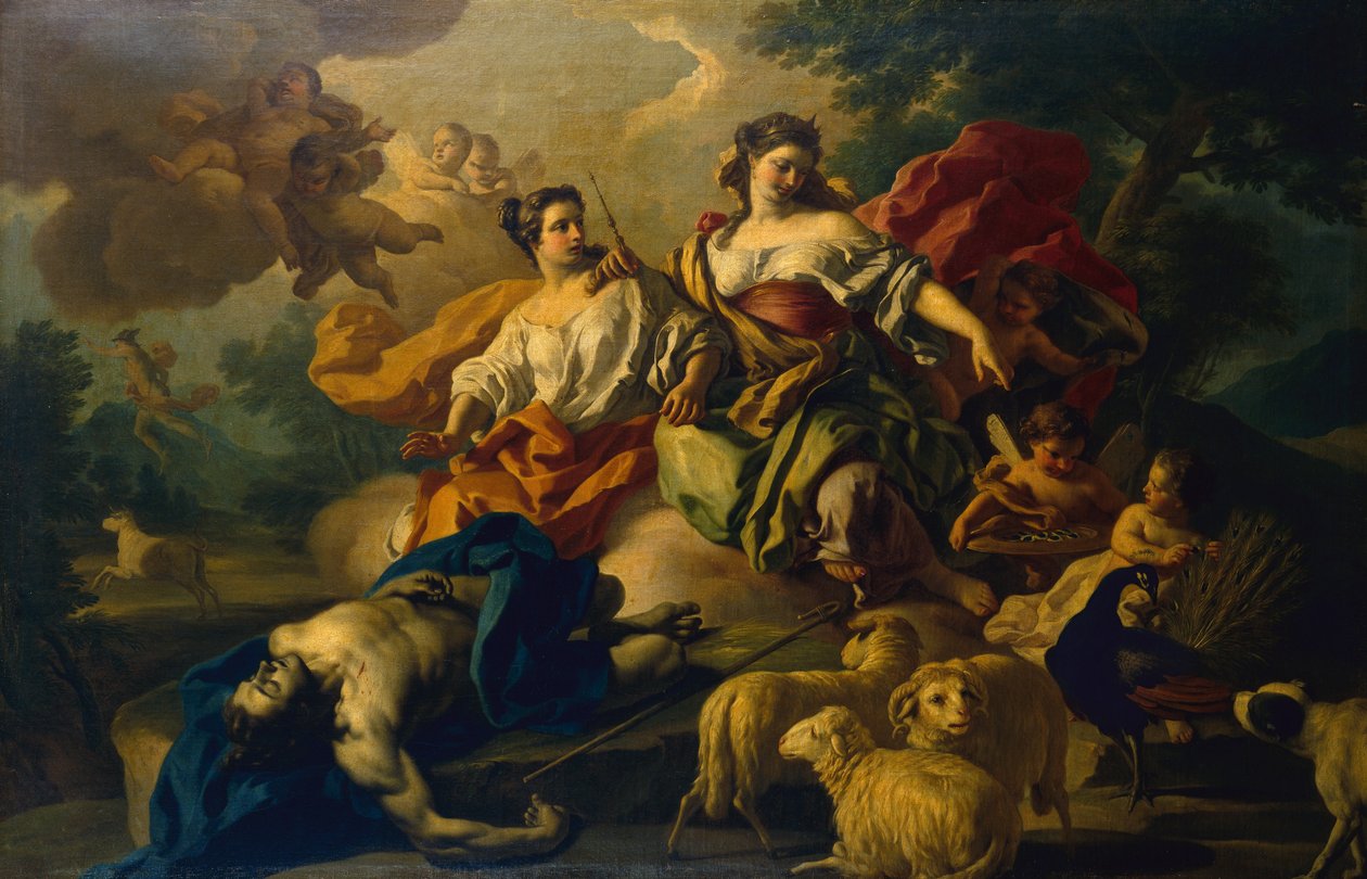 Juno placerar Argos ögon i påfågelns svans (olja på duk) av Francesco de Mura
