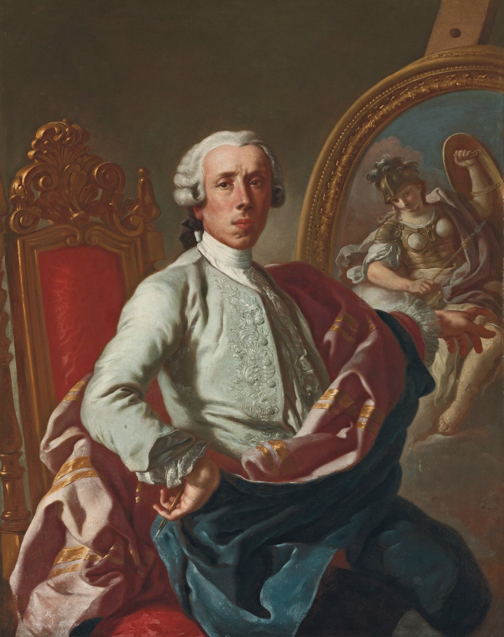 Porträtt av konstnären, tre fjärdedels längd, sittande, med en penna, vid ett staffli med en bild av Minerva av Francesco de Mura