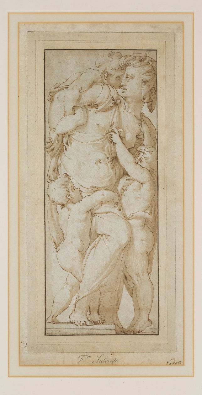 Studie av en kvinna och Putti (bläck och tvätt) av Francesco de Rossi (follower of) Salviati