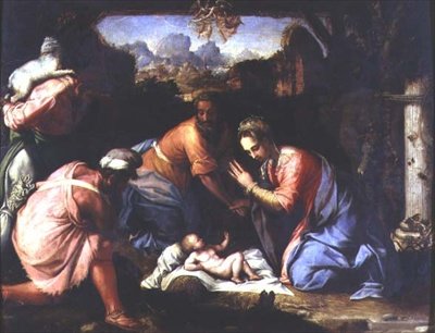Tillbedjan av herdarna, ca 1525 (panel) av Francesco de Rossi Salviati Cecchino