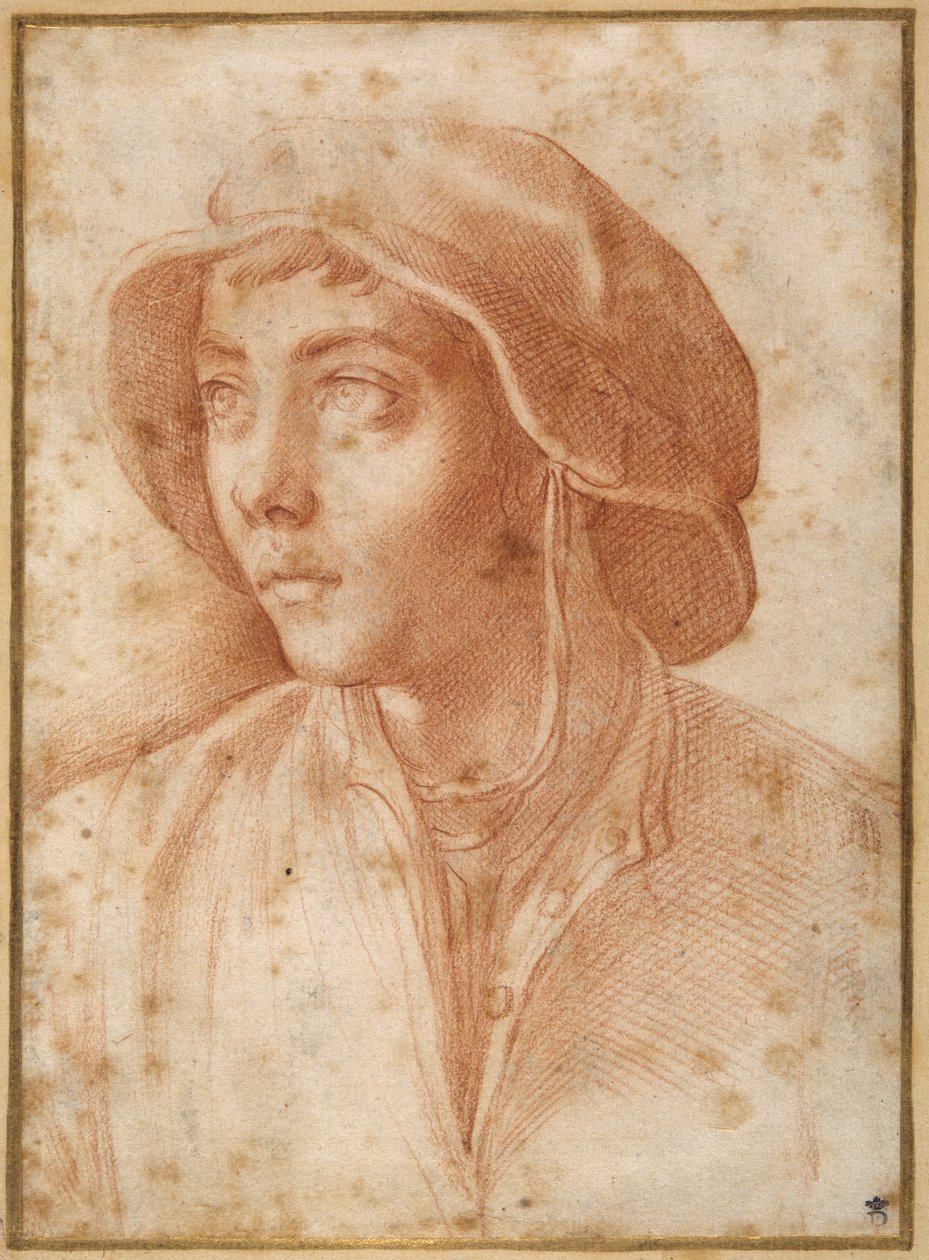Bystporträtt av en pojke som bär en keps (röd krita på krämpapper) av Francesco de Rossi Salviati Cecchino