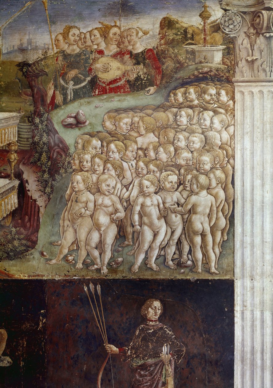 Allegori om maj månad, detalj om Apollons triumf, nakna barn och nio muser detaljer fresk av Francesco del Cossa (ca.1436-cirka 1478) Ferrara (Ferrara) Palazzo Schifanoia, Salone dei Mesi av Francesco del Cossa