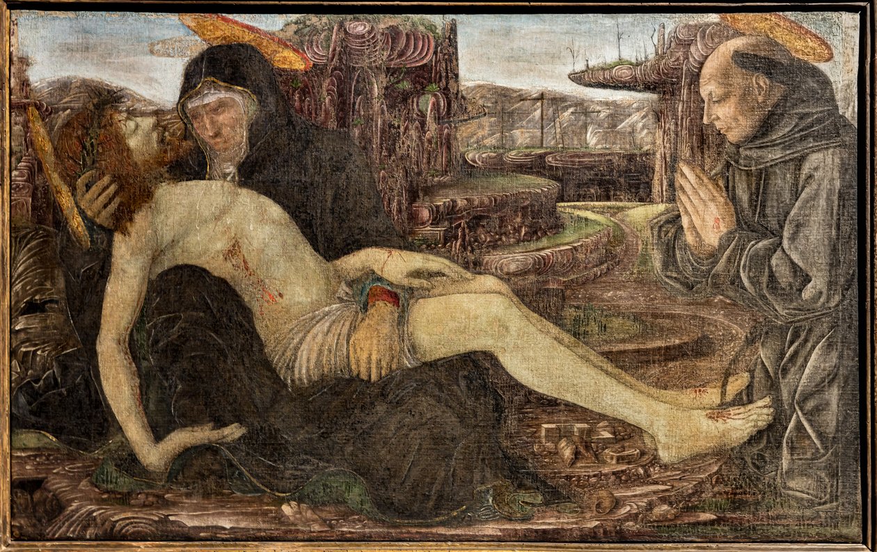 Klagoång med klienten visad som St. Franciskus, av Francesco del Cossa av Francesco del Cossa