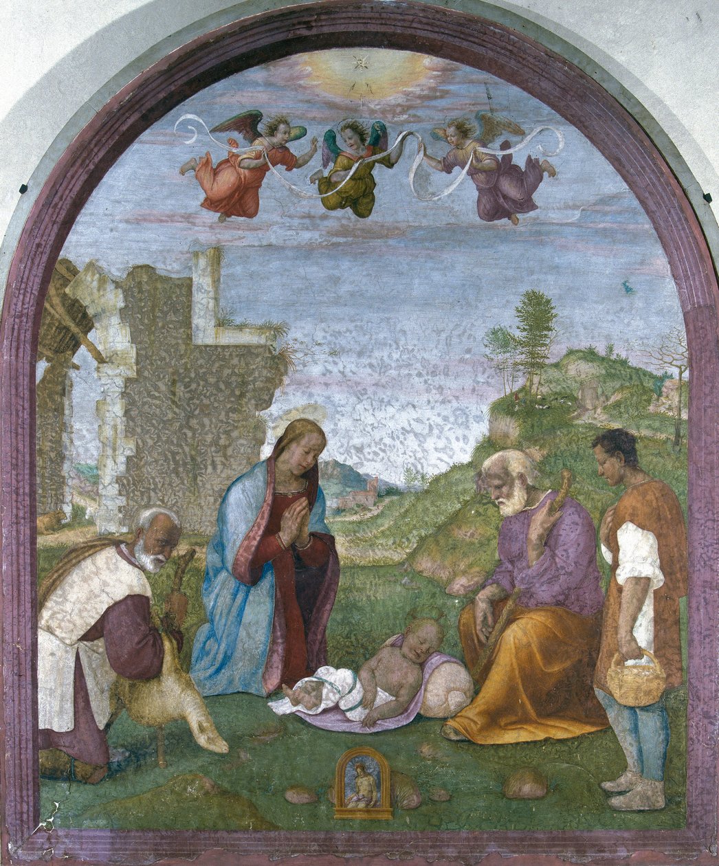 Tillbedjan av herdarna (fresk) av Francesco di Cristofano Franciabigio