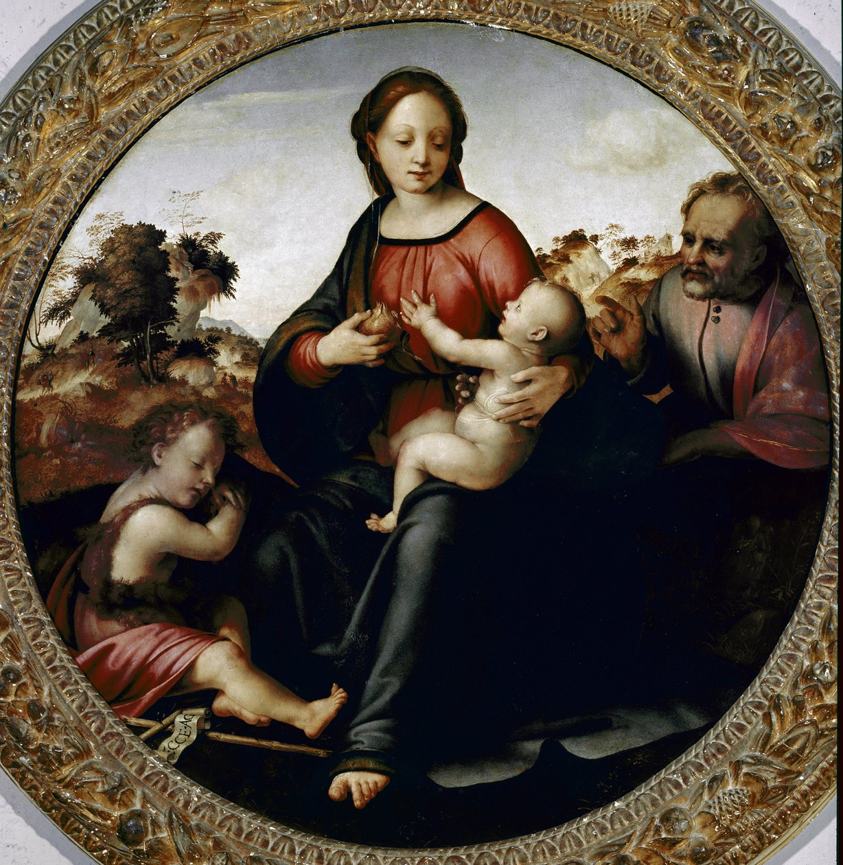 Helig familj med den lille Johannes Baptisten (Helig familj med den lilla Johannes Baptisten) Målning av Francesco di Cristofano dit il Franciabigio (1482 Ð1525) cirka 1516 Dim 97 cm Florence Galleria del 