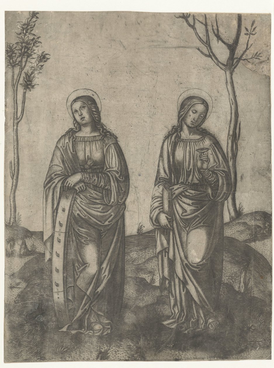 Saints Catherine med ett trasigt hjul och Lucia med ögonen på ett fat av Francesco di Francia (attributed to)
