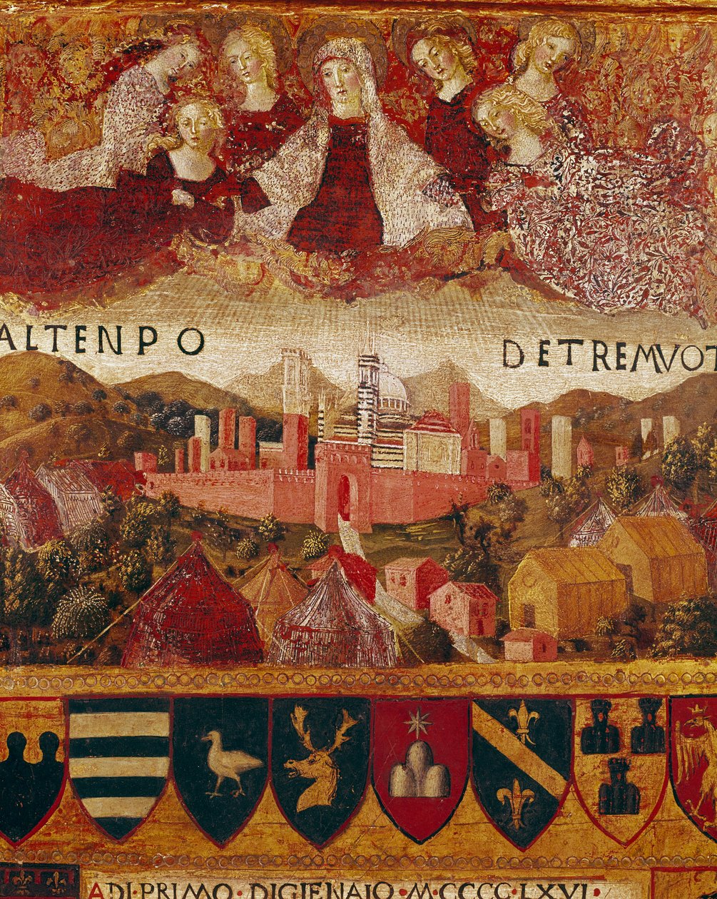Ex voto (eller ex voto): "" Jungfru Maria skyddar staden Siena vid tiden för jordbävningarna 1466-1467"" Detalj. Trämålning av Francesco di Giorgio Martini (1439-1502) som dekorerar en Biccherna (omslag till bokföringsregistret för staden Si av Francesco di Giorgio Martini