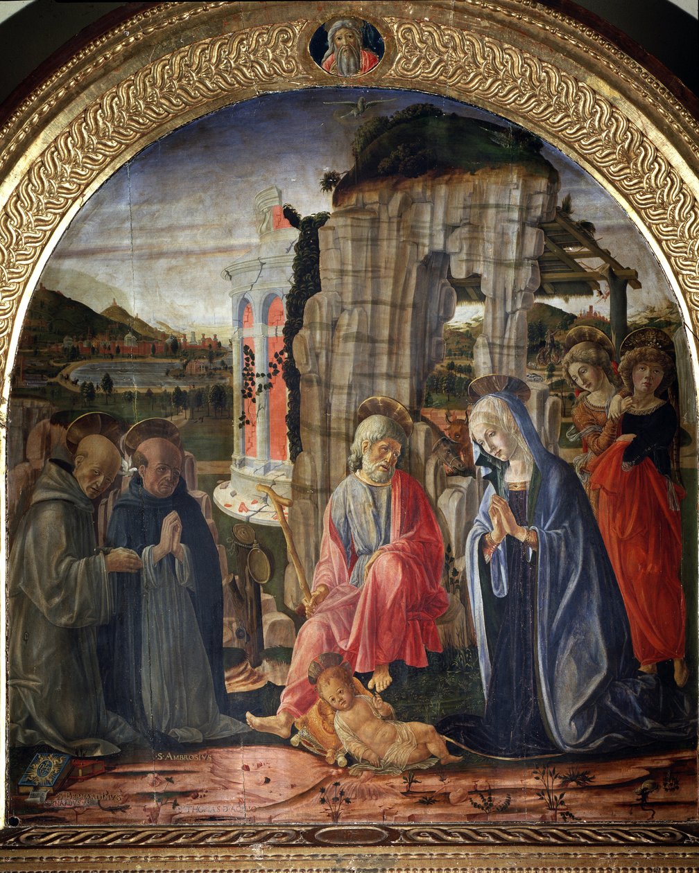 Nativity med St Bernard och St thomas Aquinas - Målning av Francesco di Giorgio Martini
